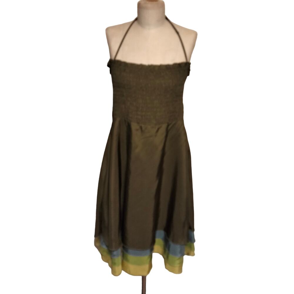 Betsey Johnson Evening Green Blue Yellow 100% Silk Halter Dress 8